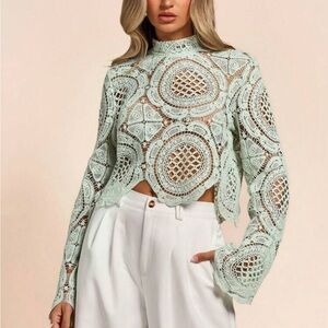 NWT Luxe Mint Green Sheer Mock Neck Flared Long Sleeve Lace Blouse